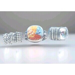 Lot of 3 Silver Tone Costume Stretch Rings with Rhinestones & Unique...